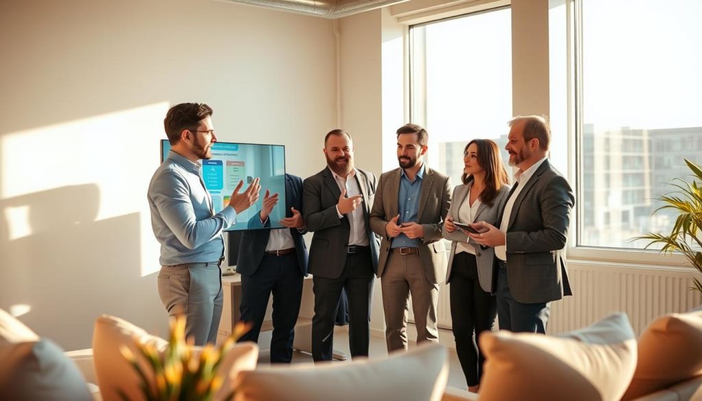 A team of professional marketing coaches gathered in a modern, well-lit office setting. The coaches are engaged in lively discussion, gesturing animatedly as they collaborate on a marketing strategy displayed on a large touchscreen display. Warm, natural lighting filters in through large windows, casting a soft glow across the scene. The coaches are dressed in a mix of formal and casual attire, reflecting their diverse expertise and experience. The office space is minimalist yet sophisticated, with clean lines, neutral tones, and modern furnishings that create an atmosphere of productivity and innovation. An air of confidence and camaraderie pervades the scene, suggesting a team of knowledgeable, skilled professionals dedicated to guiding their clients to marketing success.