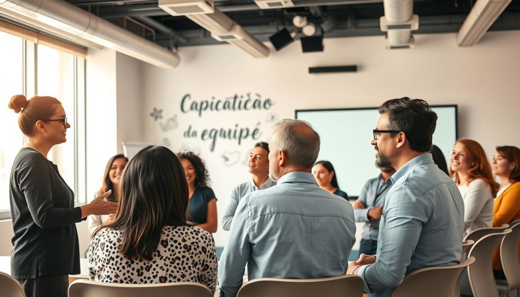 A team of professionals gathered in a bright, modern conference room, engaged in an interactive training session. The foreground features a facilitator guiding the group through collaborative exercises, their expressions attentive and focused. The middle ground showcases the team members, diverse in age and background, actively participating and exchanging ideas. In the background, inspirational wall art and a large, projected screen highlight the theme of "Capacitação da Equipe" (Team Upskilling). The lighting is warm and natural, creating a productive, energizing atmosphere conducive to learning and growth.