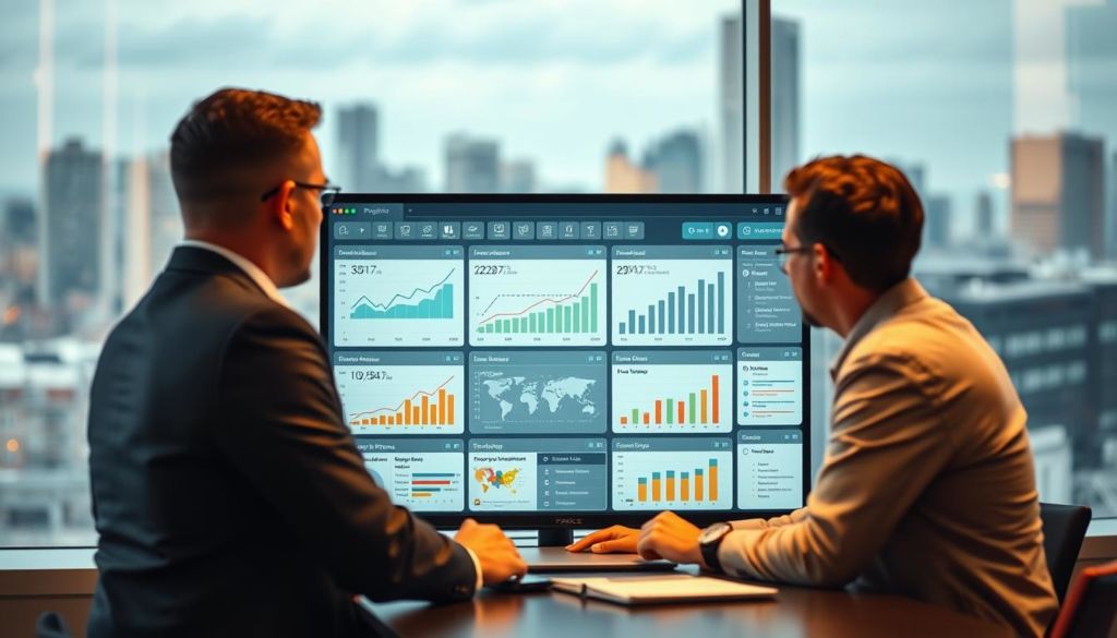 A team of project managers reviews a digital dashboard filled with real-time data visualizations, tracking key performance indicators for multiple ongoing projects. The foreground shows a sleek, minimalist interface with clean typography and intuitive navigation. The middle ground features interactive graphs, charts, and Gantt charts depicting project timelines, resource allocation, and budget status. The background has a blurred city skyline, suggesting the dashboard is part of a sophisticated project monitoring system used by a large organization. Warm yet focused lighting creates a professional, organized atmosphere, while the overall composition conveys a sense of efficiency, transparency, and control over complex project workflows.