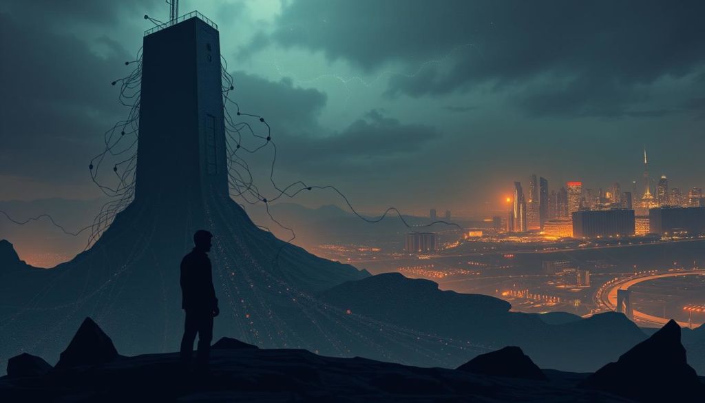 A thought-provoking digital illustration depicting the ethical challenges of algorithmic bias in technology. In the foreground, a perplexed figure representing the human user stands before a towering, opaque algorithm represented as an ominous, monolithic structure. The middle ground features a swirling, chaotic data landscape, hinting at the complexity and opacity of the underlying data and models. In the distant background, a glowing cityscape symbolizes the broader societal implications of algorithmic decision-making. The scene is bathed in a somber, contemplative lighting, conveying the gravity and importance of this critical technological issue.