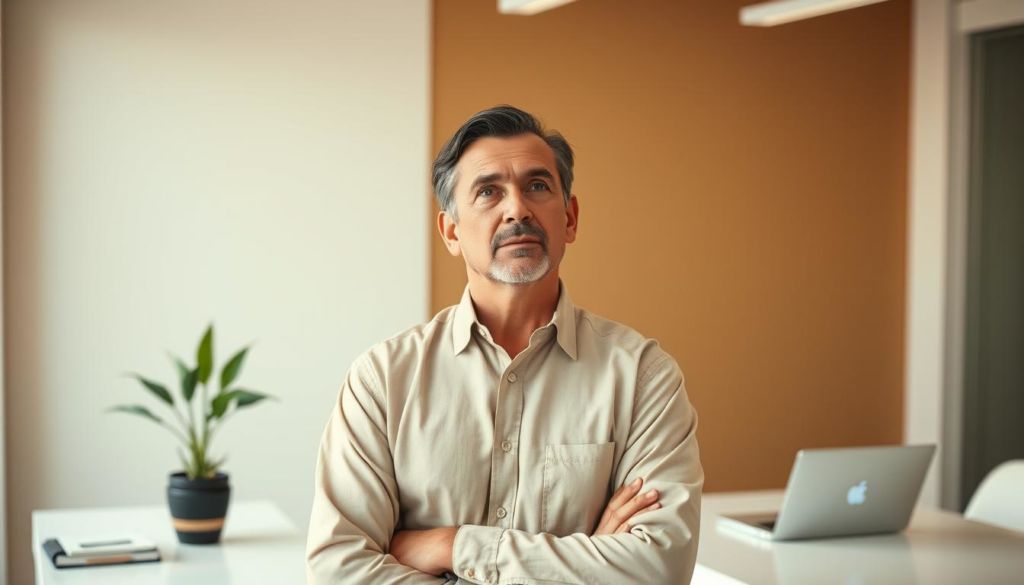 A thoughtful business professional standing in a well-lit, contemporary office, pondering the importance of feedback. The scene depicts a middle-aged person in a neutral-toned button-down shirt, surrounded by a minimalist, sleek workspace with a laptop, notepads, and a succulent plant. The lighting is warm and diffused, creating a contemplative atmosphere. The subject's facial expression conveys a sense of focused consideration, capturing the significance of the feedback process. The overall composition emphasizes the individual's introspection within a professional setting, visually representing the theme of "A Importância do Feedback".