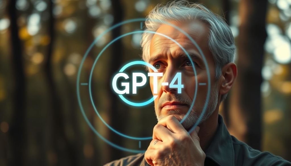 A thoughtful, serene portrait of a philosopher deeply immersed in contemplation, set against a softly blurred background of a tranquil forest. Warm, natural lighting highlights the subject's pensive expression and the ethical principles represented by a glowing holographic display of the GPT-4 logo hovering before them. The composition conveys a sense of responsibility, wisdom, and a harmonious balance between technology and the human spirit.