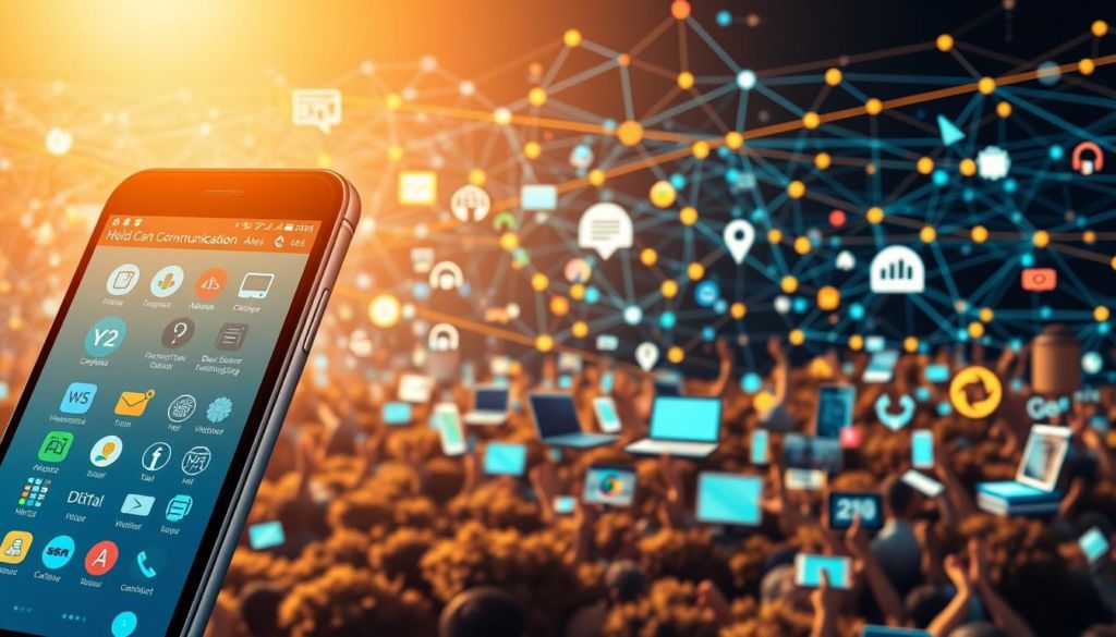 A thriving digital landscape, filled with vibrant icons and symbols representing modern communication strategies. In the foreground, a sleek smartphone screen displays a seamless interface, its intuitive design guiding users through various channels. The middle ground features a diverse array of devices - laptops, tablets, and wearables - all interconnected, showcasing the interconnectivity of today's communication ecosystem. In the background, a sophisticated network of data lines and signals weaves a tapestry of connectivity, highlighting the technological advancements that power effective customer engagement. Warm lighting casts a welcoming glow, conveying the approachability and accessibility of these communication strategies. The overall scene exudes a sense of efficiency, innovation, and a customer-centric focus.