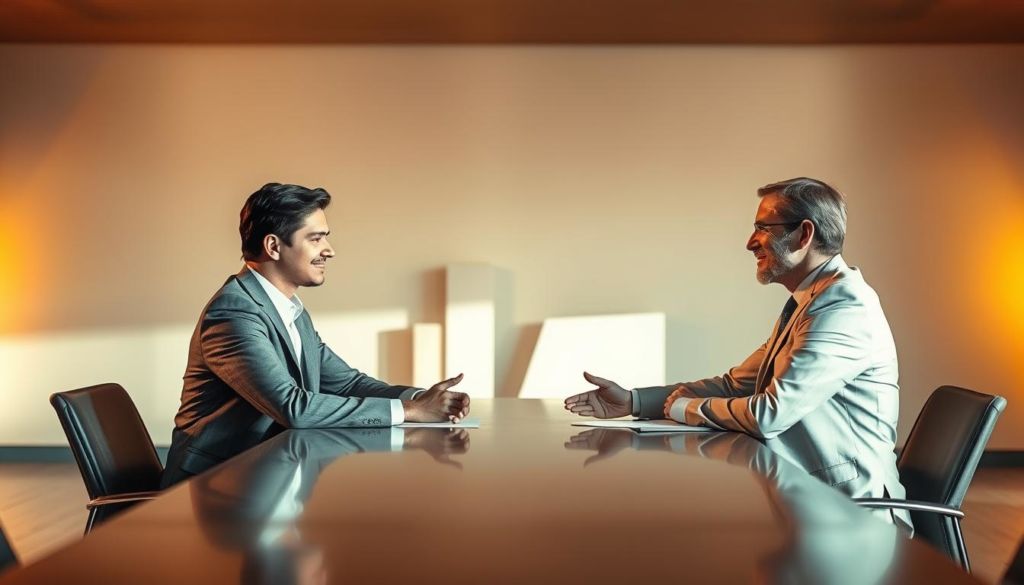 A tranquil business negotiation scene captured in a warm, golden-hued lighting. In the foreground, two confident, well-dressed professionals sit across a polished wooden table, engaged in an earnest discussion, their body language conveying mutual respect and understanding. The middle ground features abstract architectural elements, hinting at a professional setting. The background subtly suggests an urban skyline, emphasizing the importance of the negotiation and its broader context. The overall atmosphere evokes a sense of ethical conduct, careful consideration, and a shared commitment to finding a mutually beneficial outcome.