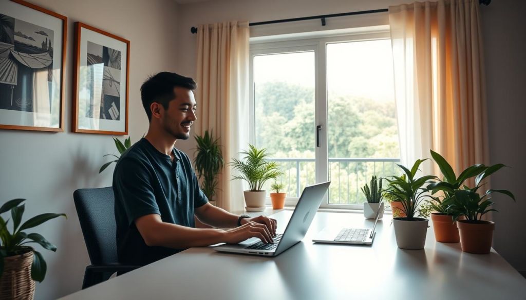 A tranquil home office scene with a remote worker seated at a clean, minimalist desk, typing on a laptop. Warm, diffused lighting filters through a large window, casting a soft glow on the worker's face. Potted plants and framed artwork adorn the walls, creating a cozy, productive atmosphere. In the background, a glimpse of a lush, verdant outdoor landscape, conveying a sense of balance between work and life. The image exudes a peaceful, flexible spirit, capturing the essence of remote work and the freedom to shape one's professional environment.