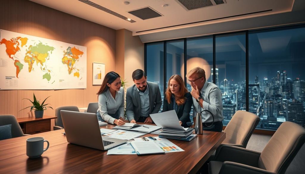 A tranquil office setting, with a spacious desk showcasing a laptop, notepad, and a coffee mug. The walls are adorned with colorful maps and charts, hinting at the regional focus of the planning process. Warm, directional lighting casts a subtle glow, creating a contemplative atmosphere. In the foreground, a team of professionals huddle around the desk, engaged in a lively discussion, their expressions reflecting the collaborative nature of the regional campaign planning. The middle ground features various reference materials, including market research data and trend analysis reports, guiding the decision-making. In the background, a large window offers a panoramic view of a bustling city skyline, symbolizing the broader context in which the regional campaigns will be executed.