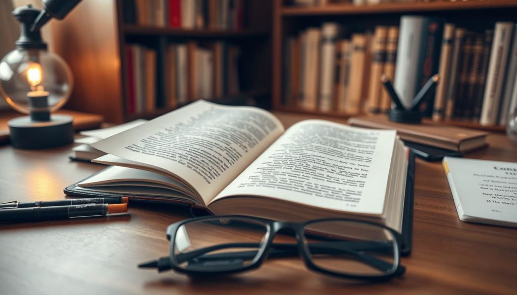 A tranquil study with warm, diffused lighting illuminating a wooden desk. On the desktop, an open book with crisp, legible text, surrounded by a well-organized array of pens, highlighters, and a pair of reading glasses. The background features a bookshelf, its volumes neatly arranged, conveying a sense of knowledge and contemplation. The overall atmosphere is one of focus, clarity, and the quiet pursuit of understanding.