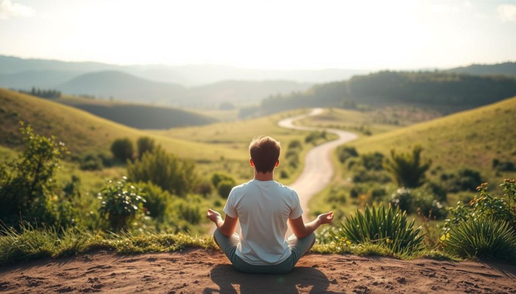 A tranquil, sunlit scene depicting the essence of patience and persistence in entrepreneurship. In the foreground, a person sits cross-legged, eyes closed in meditative focus, surrounded by a lush, verdant landscape. The middle ground features a winding path leading to a distant horizon, symbolizing the journey of entrepreneurship. In the background, rolling hills and a cloudless sky create a serene, calming atmosphere. Soft, diffused lighting illuminates the scene, casting gentle shadows and highlighting the textures of the natural elements. The overall mood evokes a sense of inner strength, resilience, and unwavering determination to overcome challenges.