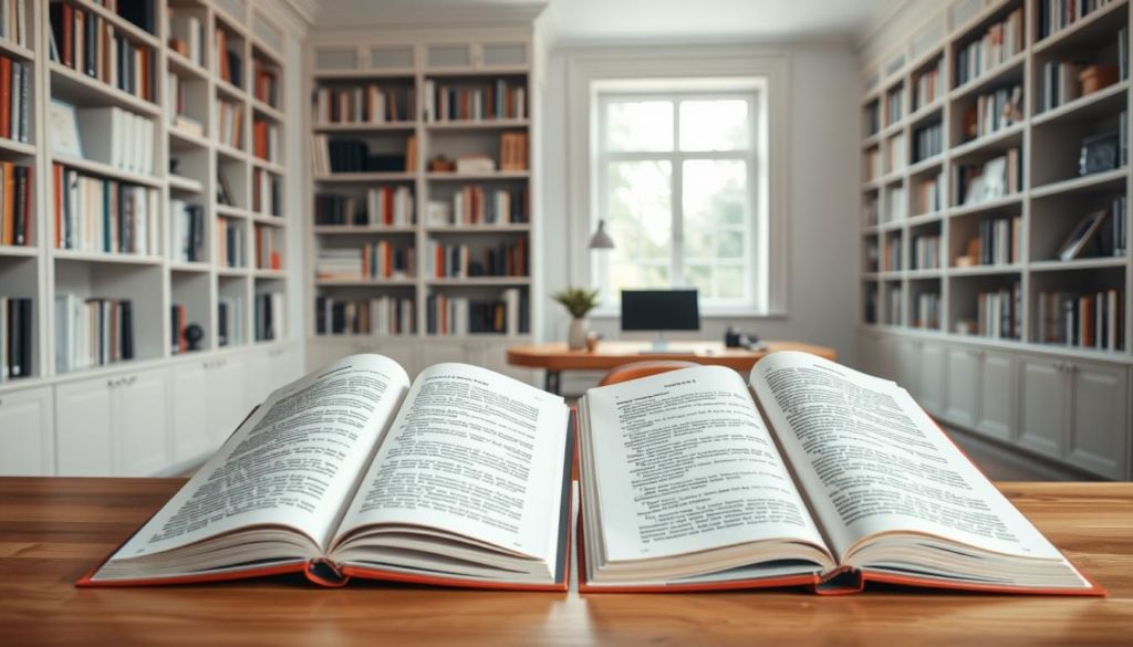 A tranquil, well-lit office setting with a clean, minimalist design. In the foreground, a wooden desk holds several open books showcasing clean, legible typography and layout. In the middle ground, a large window allows natural light to flood the space, creating a warm, inviting atmosphere. Bookshelves line the walls, filled with neatly organized volumes. The overall scene conveys a sense of clarity, organization, and attention to detail, reflecting the principles of Flesch readability in an elegant, visually appealing manner.