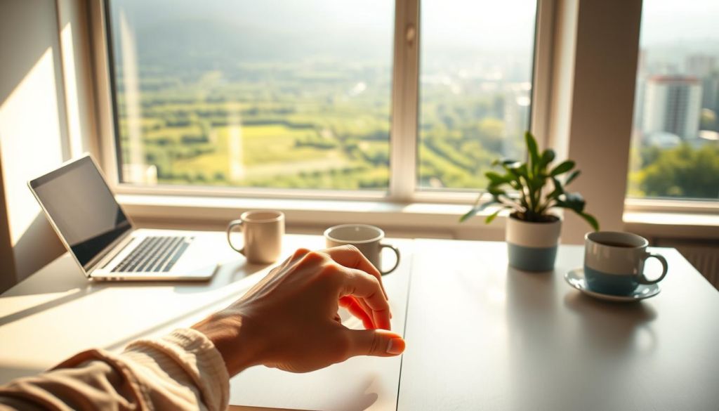 A tranquil workspace bathed in warm, natural light. A laptop, coffee mug, and a potted plant sit on a clean, minimalist desk. In the foreground, a person's hands rest calmly, their expression serene, conveying a sense of focused resilience. The middle ground features a window overlooking a lush, verdant landscape, symbolizing growth and renewal. The background is a softly blurred cityscape, suggesting the challenges and changes of the outside world. The overall atmosphere is one of quiet determination, adaptability, and inner strength in the face of professional transitions.