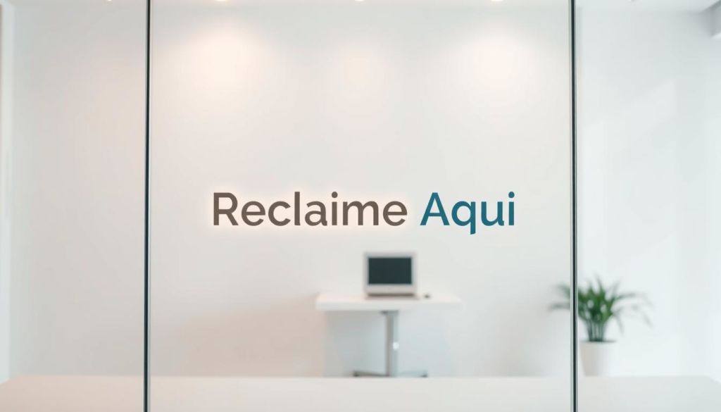 A transparent, glass-paned display showcases the "Reclame Aqui" brand logo against a crisp, white backdrop. The logo appears prominently in the center, with a soft, warm lighting illuminating its contours and highlighting the brand's trustworthiness. The foreground features a clean, minimalist design, while the middle ground subtly suggests an office or professional setting, conveying a sense of reliability and credibility. The background maintains a subtle, out-of-focus blur, allowing the focus to remain on the central logo and its transparent presentation, symbolizing the brand's commitment to transparency and accessibility.