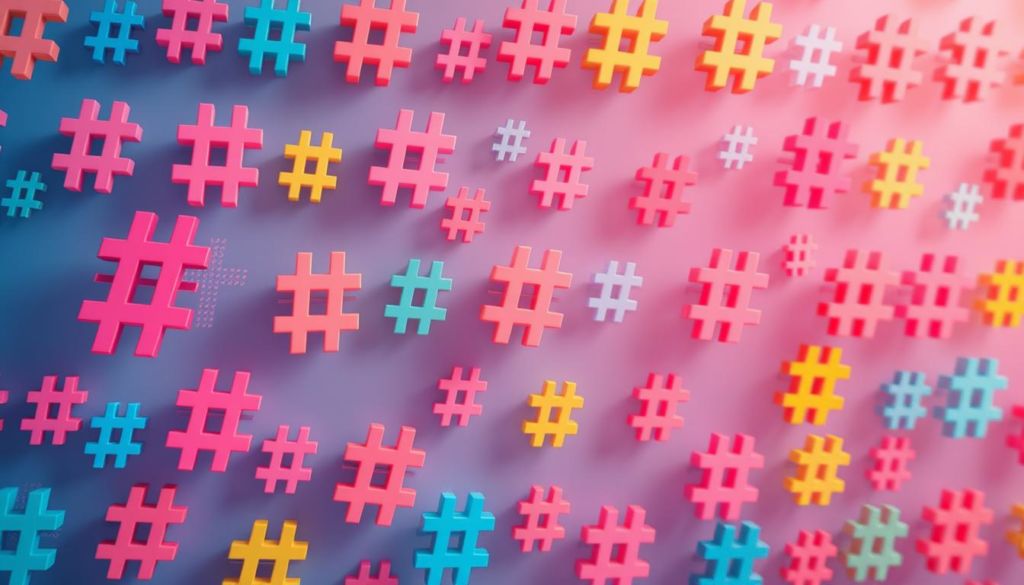 A trendy digital background with a grid of colorful and engaging hashtag symbols, evenly distributed across the frame. The hashtags should appear to be floating and slightly moving, creating a dynamic and eye-catching effect. The colors should be vibrant, with a mix of bold primary tones and softer pastel shades, complementing each other harmoniously. The lighting should be soft and diffused, creating a subtle depth and dimension to the scene. The overall atmosphere should convey a sense of playfulness, creativity, and social media engagement, suitable for illustrating strategies of sharing memes on the internet.