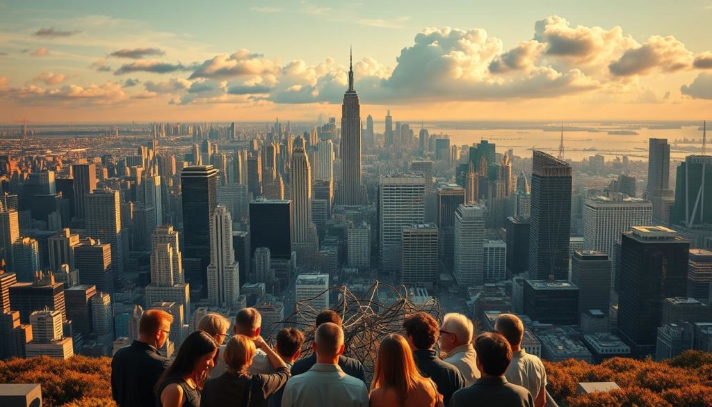 A vast, bustling city skyline stretches out, its towering skyscrapers casting long shadows across the urban landscape. In the foreground, a group of people gathers, deep in discussion, their faces etched with concentration as they navigate the complex challenges of social listening. The scene is bathed in a warm, golden light, creating a sense of contemplation and introspection. The middle ground features a tangle of digital devices, cables, and data streams, symbolizing the technological underpinnings of this endeavor. In the background, clouds of uncertainty and doubt loom, hinting at the ever-evolving nature of the task at hand. This image captures the essence of the "Desafios do Social Listening" - the blend of human insight and technological prowess required to navigate the dynamic and often unpredictable world of social media.