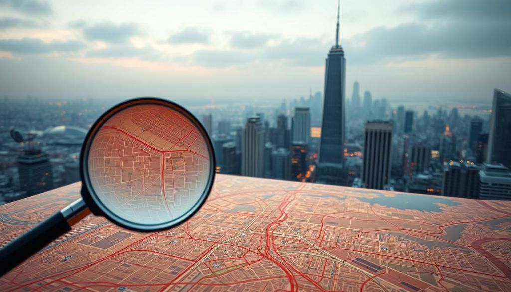 A vast, data-driven landscape unfolds, a tapestry of geospatial intelligence. In the foreground, a magnifying glass hovers over a digital map, highlighting intricate patterns of location-based insights. The middle ground features an array of data visualization tools, sleek dashboards displaying heat maps, demographic overlays, and routing analytics. In the background, a towering cityscape stands, its skyscrapers adorned with satellite dishes and antennae, symbolizing the integration of technology and geography. Warm, diffused lighting casts a contemplative glow, suggesting the profound impact of geolocalization on modern marketing strategies. Crisp, high-resolution rendering captures the depth and complexity of this data-driven ecosystem.