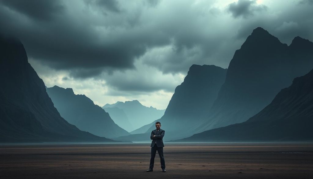 A vast, foreboding landscape where towering mountains of indifference loom, casting long shadows over a desolate plain. In the foreground, a lone figure - a personification of the marketing executive - stands with arms crossed, eyes fixed ahead, oblivious to the looming threat of competitors on the horizon. The sky is a brooding, ominous gray, hinting at the dangers of ignoring the competitive landscape. The lighting is dramatic, with harsh shadows emphasizing the gravity of the situation. This scene conveys the critical importance of understanding and engaging with one's competition, lest the consequences be dire.