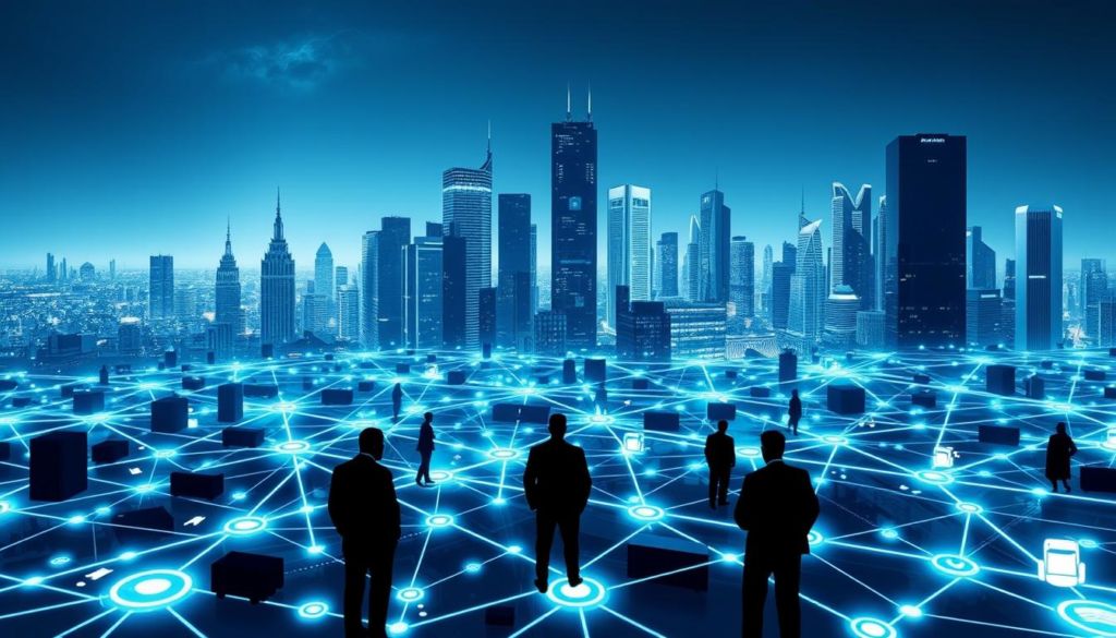 A vast network of interconnected suppliers, each a vital link in a complex supply chain. In the foreground, a maze of arrows and icons representing the flow of goods, services, and data. In the middle ground, silhouettes of corporate leaders, procurement managers, and logistics experts, coordinating the intricate dance of sourcing, production, and distribution. The background is a sleek, futuristic cityscape, with towering skyscrapers and sleek, high-tech infrastructure, symbolizing the technological advancements that enable this intricate supply web. The scene is bathed in a cool, blue-tinted light, conveying a sense of precision, efficiency, and the ever-evolving nature of modern supply chain management.