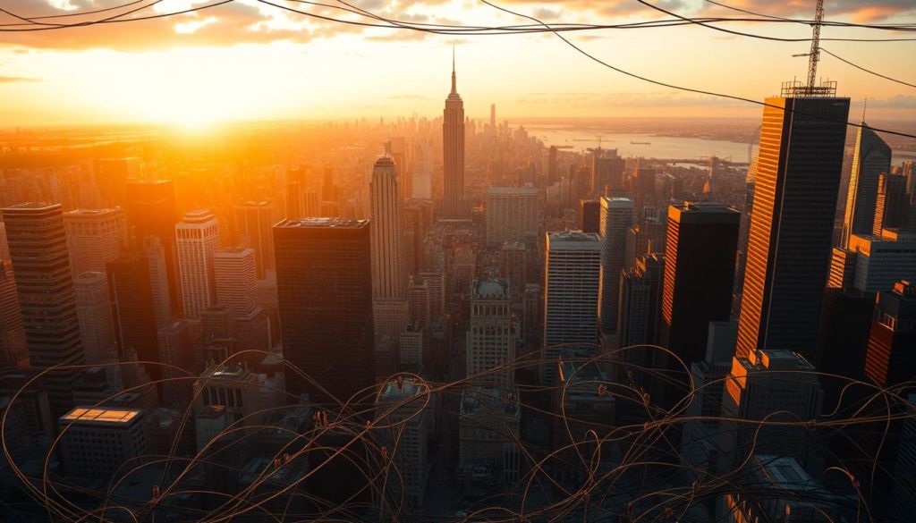 A vast, sprawling cityscape, its towering skyscrapers and bustling streets illuminated by a warm, golden glow of sunset. In the foreground, a tangled web of wires and cables, representing the complex infrastructure of the Internet of Things, snaking through the urban landscape. Amidst the technological maze, silhouetted figures of people go about their daily lives, their faces cast in shadows, symbolizing the challenges and uncertainties that come with the rapid advancement of IoT technology. The skyline recedes into the distance, hinting at the scale and interconnectedness of the IoT ecosystem, while a sense of both progress and unease permeates the scene.