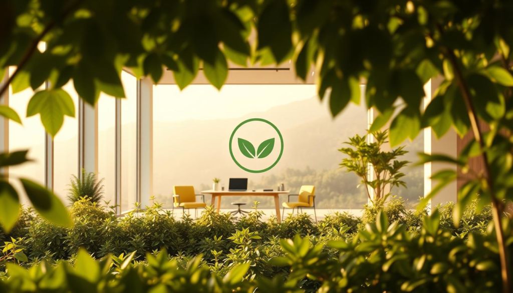 A verdant, sustainable marketing landscape in warm, natural tones. In the foreground, lush foliage frames a central focus, perhaps a stylized eco-friendly logo or product. The mid-ground features a minimalist, modern office setting with large windows overlooking a tranquil garden. Soft, diffused natural lighting filters through, casting a serene, earthy ambiance. In the background, a mountainous or forest backdrop evokes a sense of environmental harmony. The overall composition conveys a balance of technology, nature, and responsible marketing practices. Elegant, understated, and visually compelling.