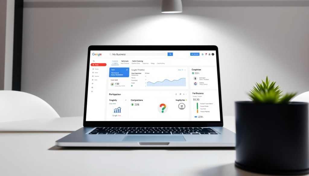 A vibrant Google My Business dashboard displayed on a sleek laptop screen, showcasing a clean user interface with intuitive controls. The dashboard occupies the central focus, surrounded by a minimalist white background and soft lighting from above, creating a professional and inviting atmosphere. The layout is well-organized, highlighting key performance metrics, business information, and optimization tools. The overall scene conveys a sense of digital empowerment and the importance of maintaining a strong online presence for local businesses.