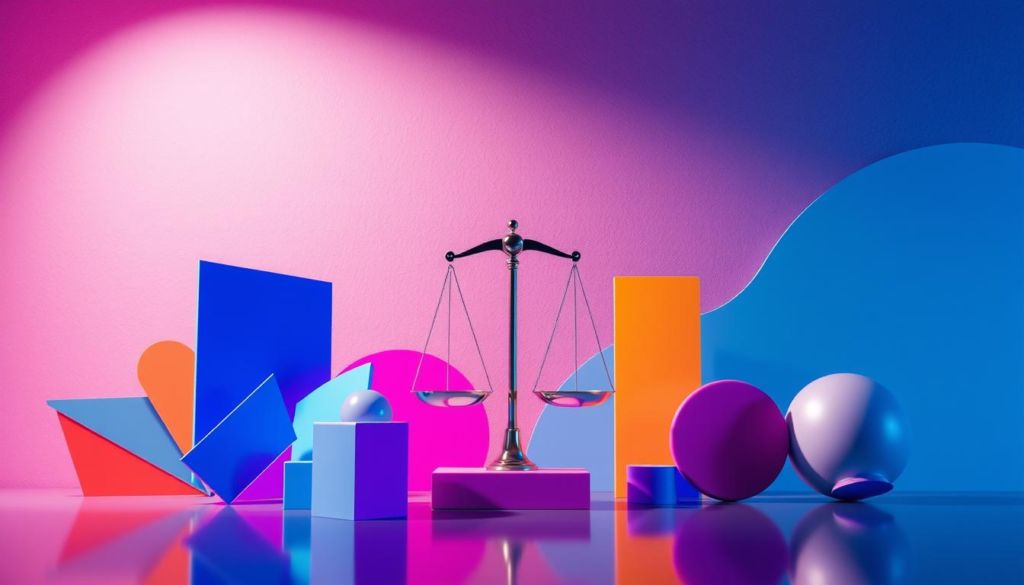 A vibrant abstract composition showcasing the concept of "estratégia de preços". In the foreground, a dynamic array of geometric shapes and forms in a bold color palette, representing the different pricing strategies and tactics. In the middle ground, a striking visual metaphor in the form of a balanced scale, symbolizing the delicate balance between cost, value, and profitability. The background features a minimalist, textured gradient, creating a sense of depth and atmosphere. The overall aesthetic is sleek, modern, and visually striking, conveying the professionalism and strategic nature of pricing strategy. Lighting is soft and diffused, with a subtle sense of depth and dimension. The composition is captured from a slightly elevated angle, adding a sense of authority and importance to the subject matter.