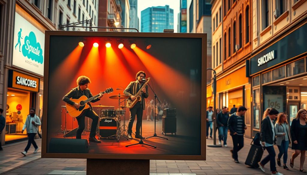 A vibrant advertisement board featuring a musical performance in the foreground. On the board, a group of musicians play a variety of instruments - a guitarist, a drummer, a saxophonist, and a singer. The middle ground shows a bustling city street with people walking by, shops, and buildings in the background. The scene is bathed in warm, golden lighting, creating a lively and energetic atmosphere. The camera angle is slightly elevated, giving a dynamic perspective on the tableau. The overall composition emphasizes the central role of music in advertising, capturing the synergy between the two elements.