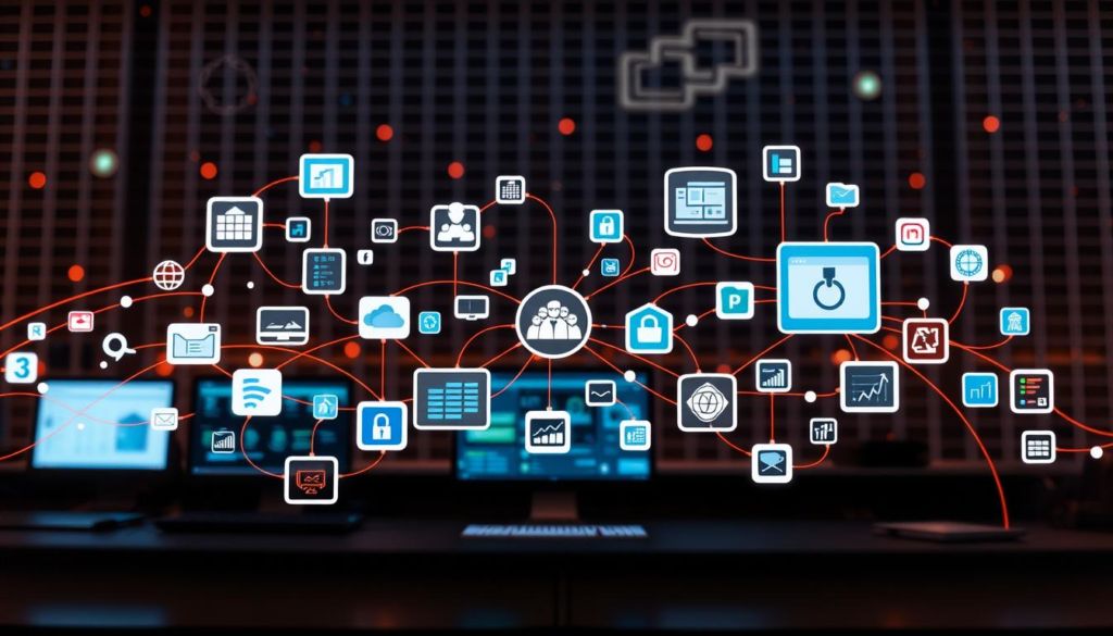 A vibrant and cohesive integration of software systems, showcasing seamless data flows and synchronized operations. In the foreground, various application icons gracefully intertwine, representing the harmonious exchange of information. The middle ground features sleek interfaces and intuitive dashboards, highlighting the user-centric design. In the background, a subtle grid pattern symbolizes the underlying technical infrastructure, creating a sense of balance and interconnectivity. Warm lighting casts a collaborative atmosphere, emphasizing the synergy between different components. The overall composition conveys the efficiency, flexibility, and strategic value of a well-integrated enterprise system.