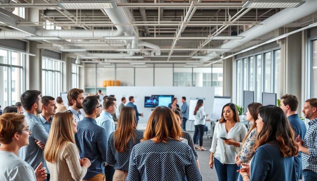 A vibrant and collaborative office environment, filled with the exchange of ideas and the pursuit of knowledge. In the foreground, a group of professionals engaged in a lively discussion, their body language conveying a sense of openness and shared purpose. The middle ground showcases a central communal space, with whiteboards, flipcharts, and digital displays, where teams gather to brainstorm and share insights. The background reveals an airy, well-lit workspace, with large windows allowing natural light to filter in, creating a warm and inviting atmosphere. The overall scene emanates a spirit of innovation, where the organizational culture fosters the free flow of information and the continuous growth of individual and collective knowledge.