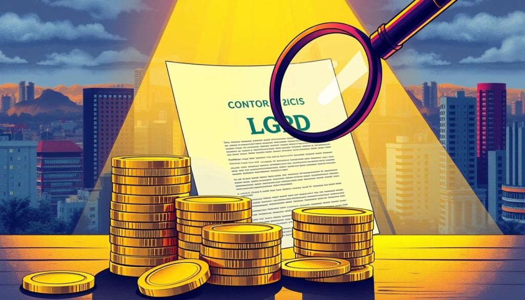 A vibrant and detailed illustration depicting the financial impact of the LGPD (Brazilian General Data Protection Law) on a company. The foreground features a stack of gold coins, symbolizing the monetary penalties associated with non-compliance. In the middle ground, a magnifying glass hovers over a contract, emphasizing the legal scrutiny and potential lawsuits. The background showcases a cityscape, representing the broader business environment affected by the new data protection regulations. The scene is illuminated by warm, directional lighting, creating a sense of urgency and importance. The overall composition conveys the gravity and financial implications of the LGPD's enforcement.