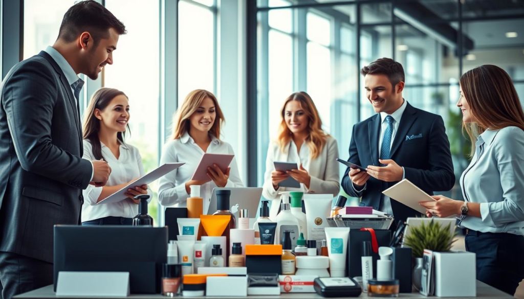 A vibrant and dynamic business scene showcasing the advantages of cross-selling. In the foreground, a team of professionals collaborating on a sales strategy, their expressions focused and determined. The middle ground features various product offerings, arranged in an aesthetically pleasing display, highlighting the diverse range of complementary items. In the background, a modern office setting with large windows, allowing natural light to flood the scene and create a sense of productivity and success. The overall mood is one of professionalism, innovation, and the synergistic benefits of effective cross-selling techniques.