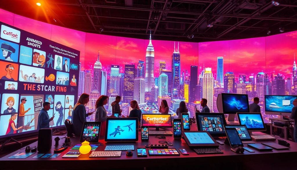A vibrant and dynamic digital storytelling scene, capturing various forms of modern narratives. In the foreground, a captivating interactive display showcases different storytelling techniques, from animated short films to virtual reality experiences. The middle ground features a diverse array of digital mediums, including tablets, smartphones, and computers, each presenting unique ways to craft and share stories. In the background, a colorful and futuristic cityscape provides a technologically advanced backdrop, hinting at the vast possibilities of the digital storytelling landscape. Bright, warm lighting illuminates the scene, creating a sense of energy and innovation. The overall composition conveys the versatility, creativity, and potential of digital storytelling in the 21st century.
