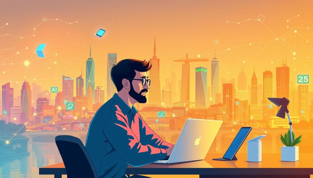 A vibrant and dynamic illustration showcasing the seamless integration of Google Bard into daily life. In the foreground, a person sitting at a desk, laptop open, engrossed in conversation with the AI assistant, their expressions animated and engaged. The middle ground features a colorful array of digital devices, smartphones, and tablets, all interconnected and communicating with the Bard system. In the background, a stylized city skyline, its buildings and infrastructure interwoven with glowing data streams and AI-powered networks, reflecting the ubiquitous nature of this cutting-edge technology. The scene is illuminated by a warm, diffused lighting, creating a sense of harmony and productivity. Captured with a wide-angle lens, the composition emphasizes the holistic and transformative impact of Google Bard's integration into modern life.