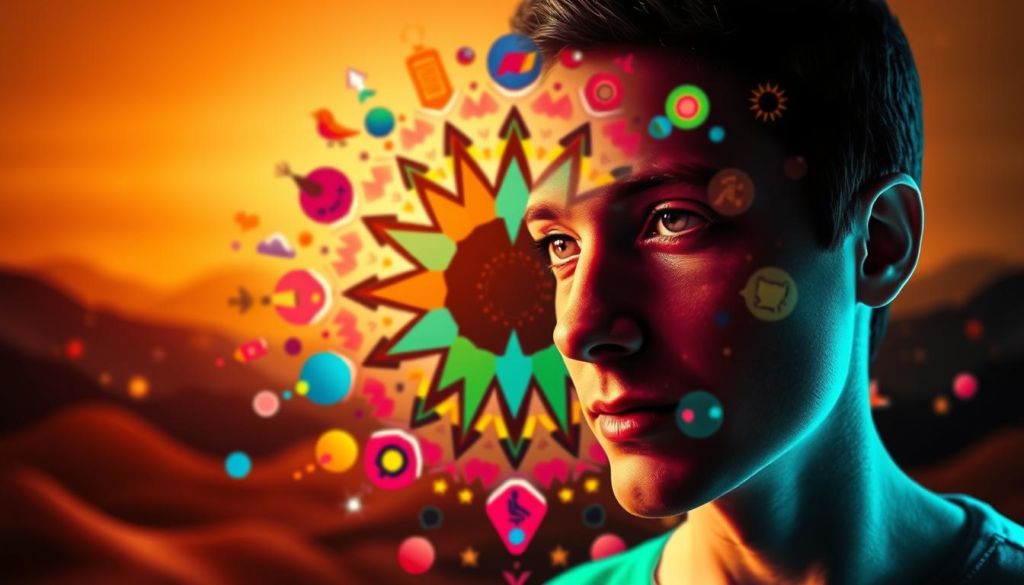A vibrant and dynamic image depicting the psychology of marketing. In the foreground, a human figure representing the consumer, their face partially obscured, conveying a sense of intrigue and curiosity. In the middle ground, a kaleidoscope of shapes, symbols, and visual elements that evoke the various psychological tactics and strategies employed in marketing, such as color theory, emotional appeals, and social influences. The background features a subtle, abstract landscape hinting at the complex, interconnected nature of the marketing landscape. The overall mood is one of intrigue, exploration, and the interplay between the consumer and the marketing forces that seek to influence them. The lighting is warm and inviting, creating a sense of depth and dimension. The image is captured with a wide-angle lens, allowing for a comprehensive view of the conceptual elements at play.