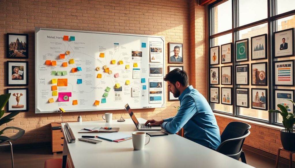 A vibrant and dynamic image of "marketing de conteúdo". In the foreground, a content creator sits at a sleek, modern desk, laptop open, surrounded by colorful sticky notes and a cup of coffee. The middle ground features a large whiteboard filled with mind maps, brainstorming ideas, and strategic plans. In the background, a gallery of framed social media posts, infographics, and blog article thumbnails, showcasing the diverse content created. Warm, natural lighting filters through large windows, creating a productive and inspiring atmosphere. The image conveys the strategic, creative, and collaborative nature of content marketing, with a focus on data-driven decision making and seamless digital content production.