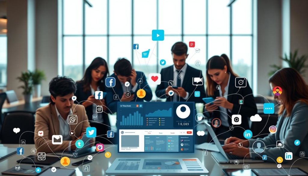A vibrant and dynamic image of social media tools for entrepreneurs. In the foreground, a group of diverse business people collaborate on a variety of digital devices, smartphones, and laptops, all connected through an intricate web of social media icons and logos. The middle ground features a stylized social media dashboard, showcasing real-time analytics, engagement metrics, and content scheduling tools. In the background, a sleek, modern office setting with large windows that allow natural light to pour in, creating a sense of productivity and innovation. The overall composition conveys the power of social media as a vital instrument for entrepreneurs to connect, grow, and thrive in the digital landscape.