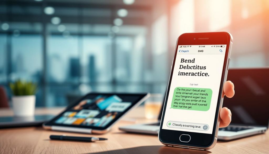 A vibrant and dynamic image showcasing the best practices of SMS marketing. In the foreground, a smartphone displays a well-designed SMS message with eye-catching visuals and a clear call-to-action. The middle ground features a variety of communication devices, such as tablets and laptops, to represent the multichannel approach of effective SMS marketing. The background sets a professional and modern tone, with a blurred office environment or sleek technological landscape. The lighting is crisp and directional, creating depth and accentuating the key elements. The overall composition conveys a sense of efficiency, engagement, and the power of targeted SMS communication.