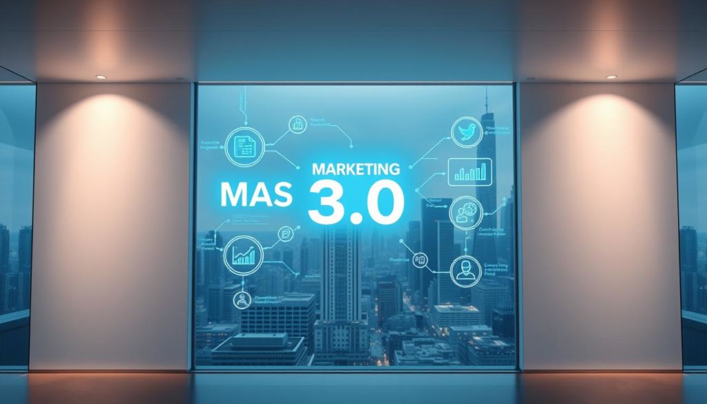 A vibrant and dynamic marketing strategy in the digital age, "Marketing 3.0" unfolds against a sleek, futuristic backdrop. In the foreground, a minimalist yet impactful visualization of interconnected concepts - data analytics, social media engagement, and personalized customer experiences. The middle ground features a glowing, holographic display showcasing key performance metrics and strategic insights. In the background, a cityscape of towering skyscrapers and bustling urban life, symbolizing the expansive reach and impact of this progressive marketing approach. Soft, directional lighting casts an air of sophistication, while a subtle, blue-hued color palette evokes a sense of trust, innovation, and forward-thinking. The overall composition conveys a harmonious balance between technology, data, and the human element of modern marketing.