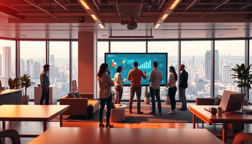 A vibrant and dynamic scene depicting "BSC e inovação". In the foreground, a modern office workspace with sleek, minimalist furniture and equipment. Bright, indirect lighting casts a warm glow, enhancing the sense of innovation and creativity. In the middle ground, a team of professionals collaborating around a large, interactive touchscreen display, engaged in lively discussions and brainstorming sessions. The background features a panoramic view of a bustling cityscape, symbolic of the broader business environment and the interconnectedness of the Balanced Scorecard approach. The overall mood is one of forward-thinking, collaborative problem-solving, embracing the power of technology to drive organizational transformation and growth.