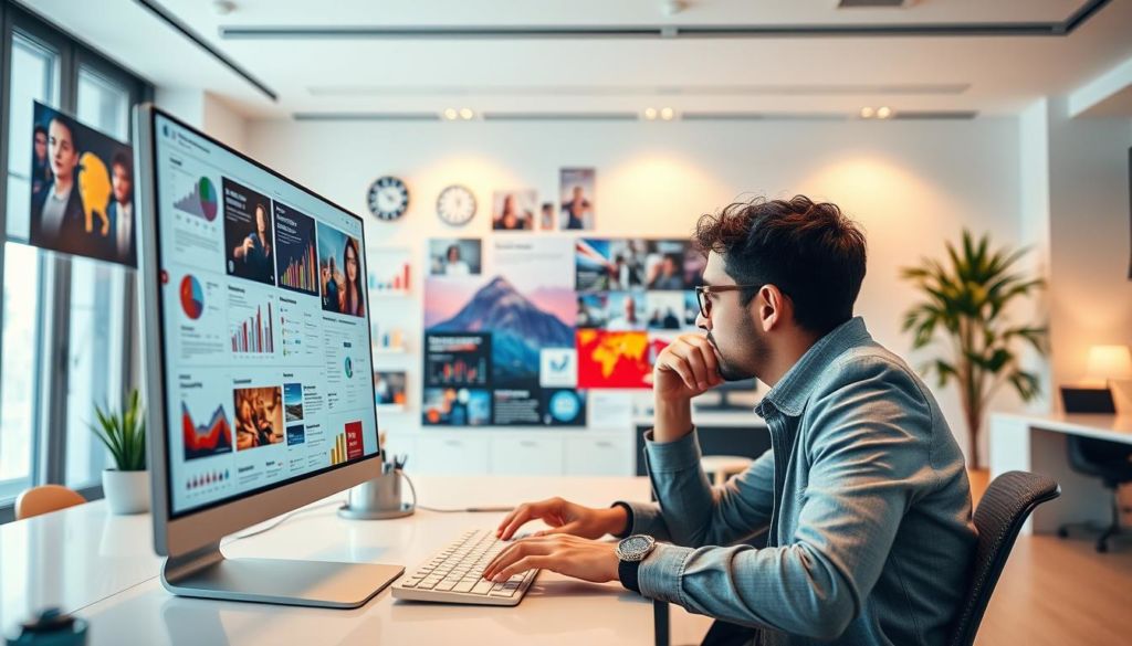 A vibrant and dynamic scene depicting content marketing. In the foreground, a creative professional, dressed in modern attire, is thoughtfully crafting content on a sleek, high-resolution computer screen. The middle ground showcases an array of intriguing visuals, including graphs, charts, and vivid imagery, all carefully curated to engage and inform the audience. The background features a minimalist, well-lit office space, with clean lines and warm, natural lighting, creating a professional and inspiring atmosphere. The overall scene conveys the power of content marketing to captivate, educate, and influence the target audience.