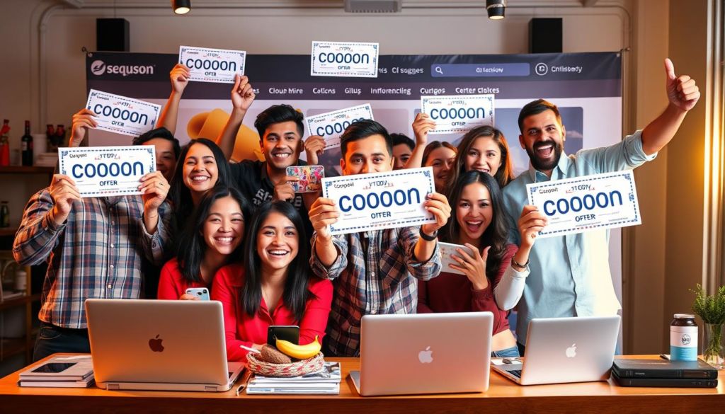 A vibrant and dynamic scene depicting influencers promoting discount coupons. In the foreground, a diverse group of social media personalities enthusiastically showcasing various coupon offers, their expressions and gestures conveying a sense of excitement and persuasion. In the middle ground, an array of digital devices, laptops, and smartphones, symbolizing the online platforms where these influencers connect with their followers. The background is a stylized e-commerce website backdrop, with subtle product imagery and branding elements, creating a cohesive commercial atmosphere. The lighting is bright and lively, with a warm color palette that enhances the upbeat and engaging mood. The overall composition suggests the powerful impact influencers have in driving coupon usage and online shopping behaviors.