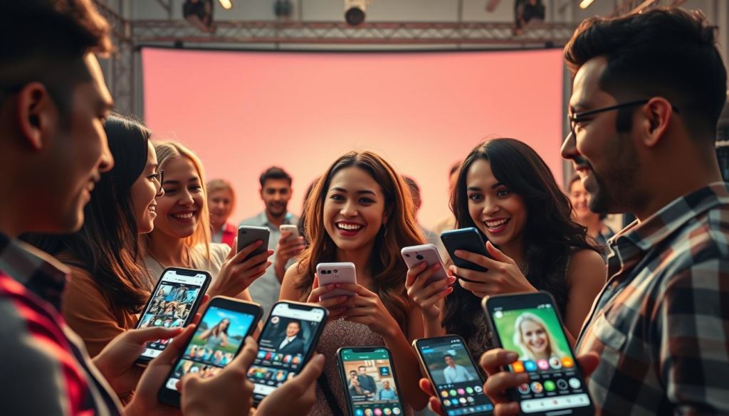 A vibrant and dynamic scene depicting interaction with Instagram followers. In the foreground, a diverse group of social media users engage in lively conversation, their expressions animated and eyes alight with enthusiasm. The middle ground features an array of mobile devices, screens filled with colorful app interfaces and endless feeds of content. In the background, a meticulously crafted studio setting, complete with professional lighting, high-end camera equipment, and a seamless backdrop that creates a sense of depth and professionalism. The overall atmosphere is one of connection, community, and the power of digital engagement, perfectly encapsulating the essence of "Interação com Seguidores".