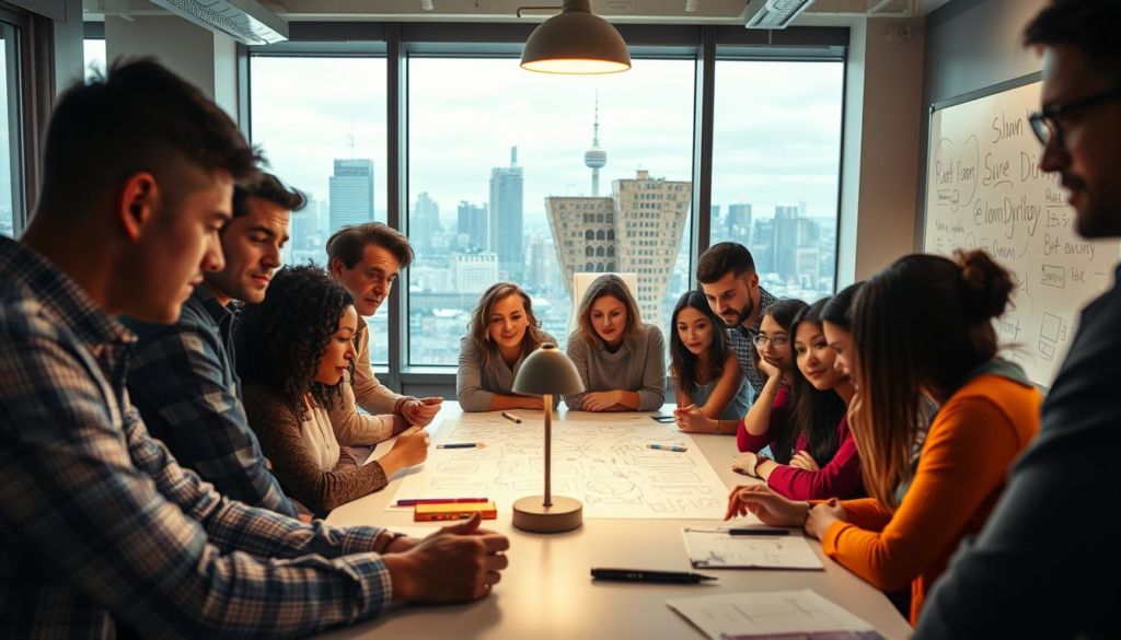 A vibrant and dynamic scene of idea implementation, captured with a cinematic wide-angle lens. In the foreground, a group of diverse individuals brainstorm around a table, their faces lit by the warm glow of a table lamp. The middle ground features a whiteboard covered in scribbled notes and sketches, reflecting the creative energy in the room. In the background, a large window overlooks a bustling city skyline, symbolizing the potential for these ideas to have a far-reaching impact. The overall atmosphere is one of focused concentration, collaboration, and a sense of forward momentum, conveying the challenges and excitement of turning ideas into reality.
