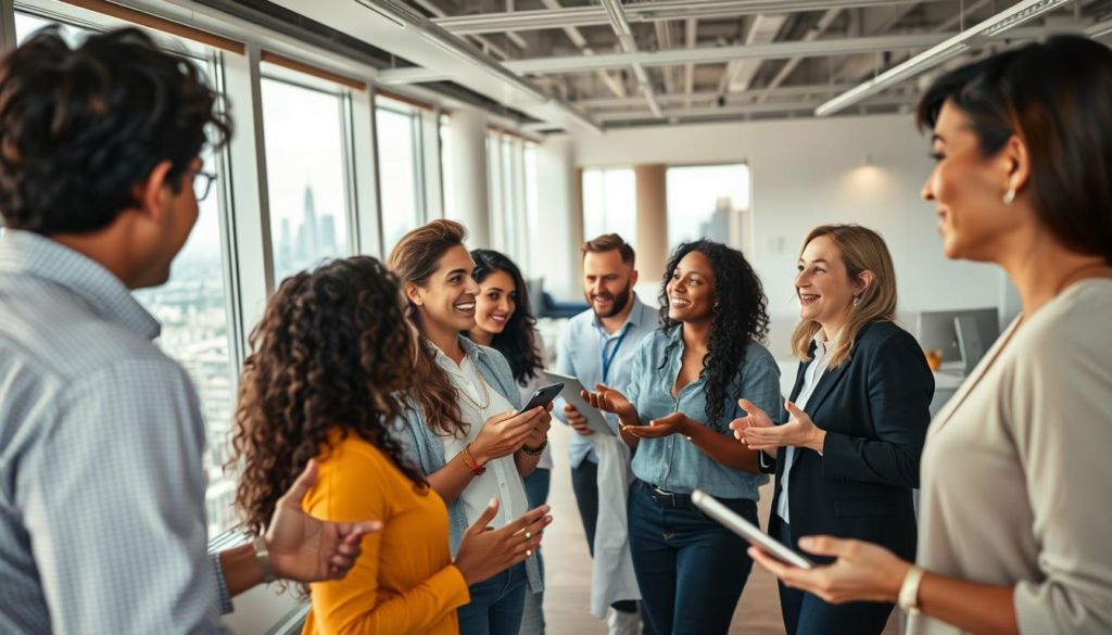 A vibrant and dynamic scene showcasing the intersection of communication, marketing, and multilingualism. In the foreground, a diverse group of individuals engaged in lively discussions, gesturing and exchanging ideas. Their expressions convey the energy and collaboration of a modern, multilingual workplace. In the middle ground, a sleek, minimalist office setting with clean lines, large windows, and an array of digital devices. Soft, directional lighting accentuates the modern, professional atmosphere. In the background, a cityscape with skyscrapers and a skyline, hinting at the global reach and interconnectedness of this field. The overall impression is one of a forward-thinking, culturally-aware, and technologically-driven approach to communication and marketing in a multilingual world.