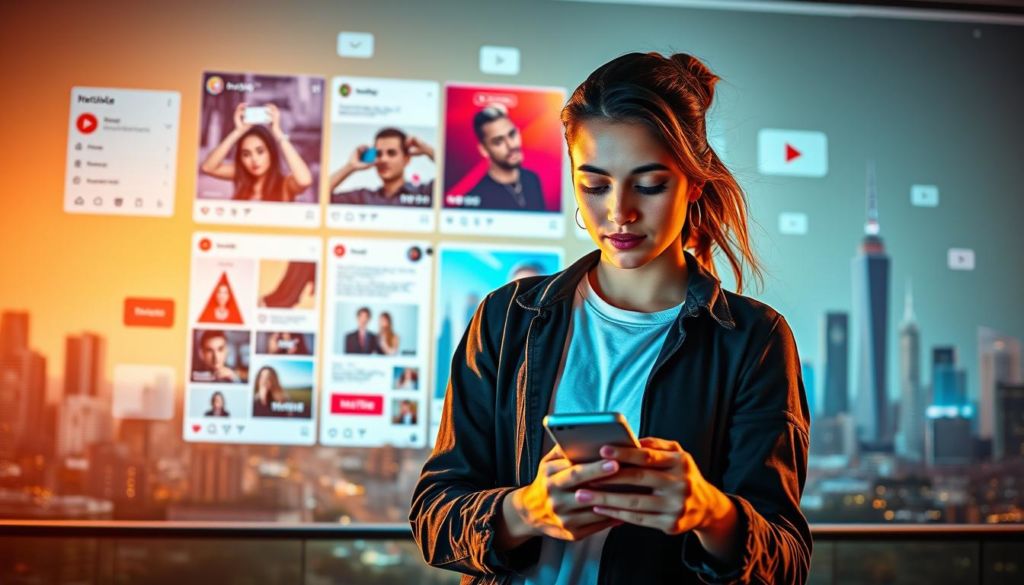 A vibrant and dynamic scene showcasing the power of influencer marketing. In the foreground, a young social media influencer, poised and charismatic, engages with their audience on a sleek mobile device. The middle ground features a collage of digital content - Instagram posts, YouTube thumbnails, and trending hashtags - reflecting the diverse channels of influence. The background sets the scene with a stylized city skyline, suggesting the global reach and impact of this modern marketing strategy. The lighting is soft and flattering, capturing the allure and aspirational qualities of this influential persona. The overall atmosphere conveys a sense of contemporary, tech-savvy sophistication - a visual representation of the "Marketing de Influência" concept.