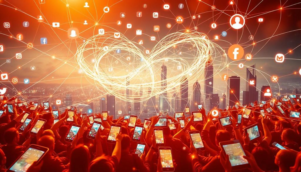 A vibrant and dynamic social media landscape, with intricately connected networks of users, devices, and platforms. In the foreground, a diverse array of digital devices, smartphones, and tablets, their screens displaying popular social media apps. In the middle ground, a swirling vortex of digital connections, with lines, arrows, and symbols representing the flow of information, likes, shares, and comments. In the background, a hazy, futuristic cityscape, with towering skyscrapers and glowing digital infrastructure, symbolizing the pervasive influence of social media in our modern, hyper-connected world. The scene is illuminated by a warm, golden light, creating a sense of energy and vitality, reflecting the powerful impact of social media on business and consumer engagement.