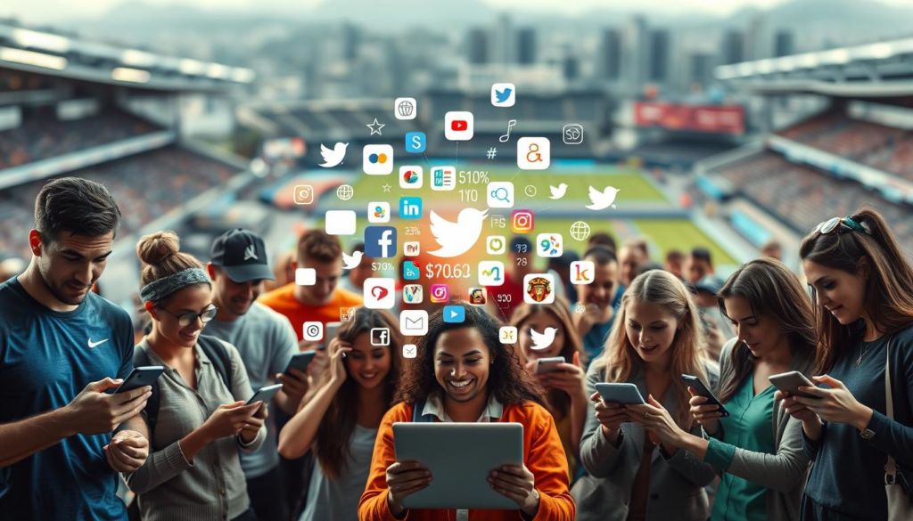 A vibrant and dynamic sports marketing scene, with a central focal point showcasing the power of social media platforms. In the foreground, a diverse group of athletes, fans, and industry professionals engage with an array of mobile devices, laptops, and tablets, their expressions conveying the excitement and connectivity of modern sports marketing. The middle ground features a collage of social media icons, hashtags, and engagement metrics, highlighting the integral role of digital platforms in driving fan engagement and brand visibility. In the background, a blurred cityscape with sports stadiums and arenas serves as a backdrop, representing the broader sports marketing ecosystem. The lighting is a balanced mix of natural and artificial, lending a sense of energy and professionalism to the scene. The overall composition aims to capture the synergy between sports, technology, and the transformative power of social media in the world of sports marketing.