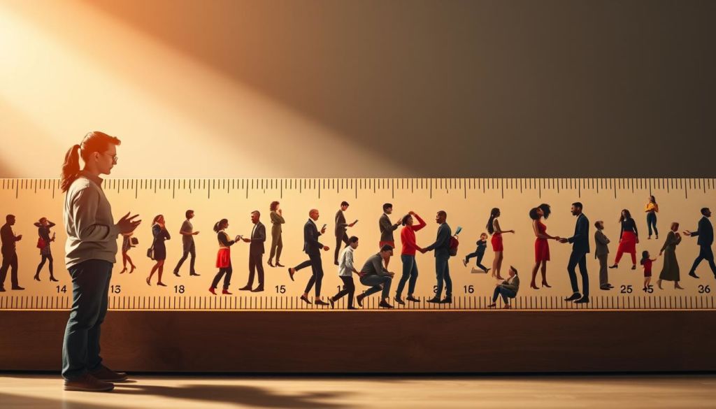 A vibrant and dynamic tableau depicting interactions along a relationship ruler. In the foreground, two figures engage in a heartfelt discussion, their expressions and body language conveying a sense of connection and understanding. The middle ground features a diverse array of interactions, from playful exchanges to more serious negotiations, all taking place against the backdrop of a meticulously crafted relationship ruler. The lighting is warm and natural, casting a gentle glow over the scene and emphasizing the emotional depth of the interactions. The composition is balanced and visually compelling, drawing the viewer's eye to the intricate details and subtle nuances that define the various stages of a relationship.