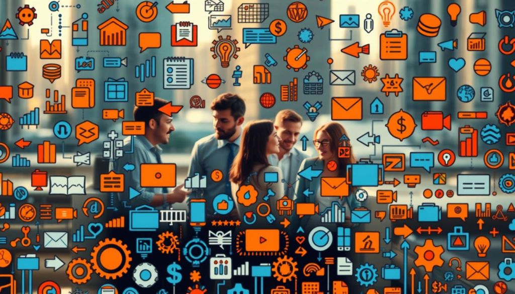 A vibrant and dynamic visual representation of "marketing strategies", captured through the lens of an intricate and detailed composition. In the foreground, a diverse array of marketing icons and symbols, meticulously arranged to create a visually striking and impactful display. The middle ground features a team of individuals collaborating, strategizing, and brainstorming, their expressions and body language conveying a sense of focused determination. The background is a softly blurred urban landscape, hinting at the broader context and application of these marketing strategies. The lighting is warm and inviting, creating a sense of energy and enthusiasm, while the overall color palette is a harmonious blend of blues, oranges, and grays, evoking a professional and sophisticated aesthetic. The composition is balanced and visually compelling, drawing the viewer's attention to the core concepts of "marketing strategies" in a captivating and visually engaging manner.