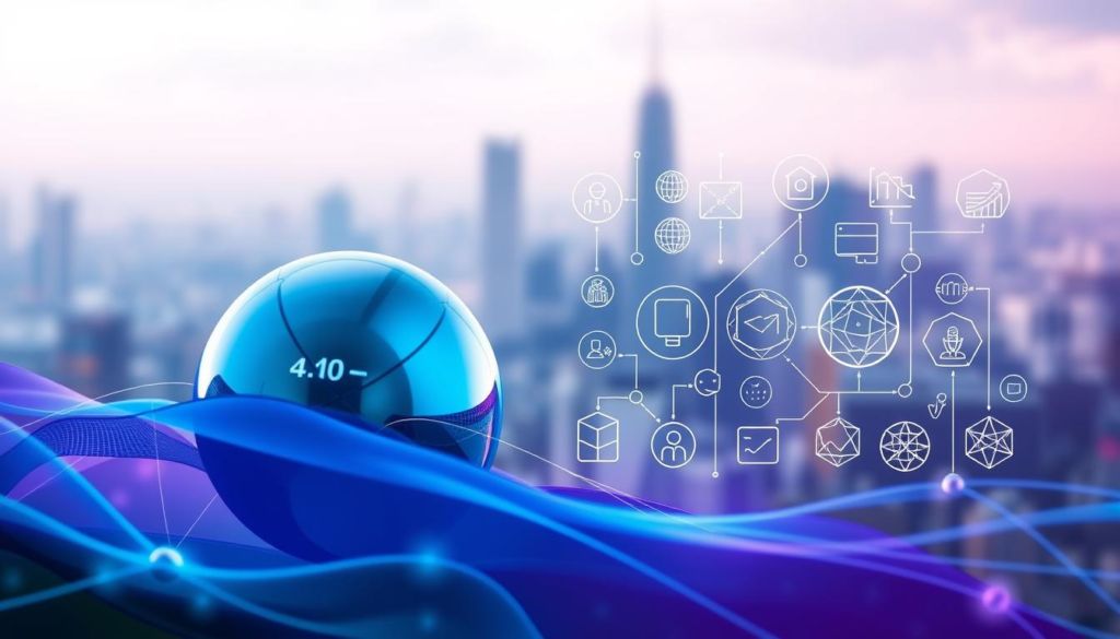 A vibrant and dynamic visual representation of the fundamental concepts of Marketing 4.0. In the foreground, a sleek, metallic sphere symbolizing the connected, digital world, surrounded by fluid shapes and lines in shades of blue and purple, conveying the notion of constant change and innovation. In the middle ground, an array of geometric shapes and icons, each representing a key tenet of Marketing 4.0, such as customer-centricity, omnichannel engagement, and data-driven decision-making. The background features a soft, blurred cityscape, hinting at the real-world applications and impact of these modern marketing principles. Lighting is soft and diffused, creating a sense of depth and atmosphere, while the overall composition is balanced and visually striking, reflecting the holistic nature of this new marketing paradigm.