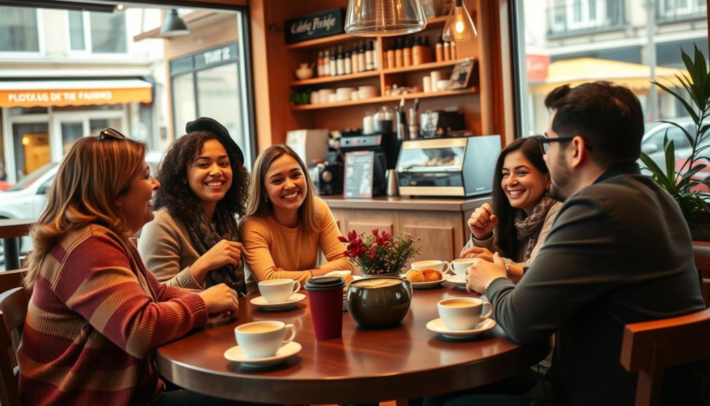 A vibrant and engaging image of "marketing de fidelização" for a coffee shop article. Foreground: A group of cheerful, diverse customers gathered around a cozy café table, enjoying coffee and pastries. They are engaged in lively conversation, with a sense of camaraderie and loyalty to the establishment. Middle ground: The café interior is warm and inviting, with wooden furnishings, soft lighting, and a welcoming ambiance. The barista behind the counter is carefully crafting a latte, creating a sense of artisanal quality. Background: Outside the café windows, the bustling city street is visible, hinting at the broader context and the cafe's role in the local community. The overall mood is one of connection, comfort, and a sense of belonging, reflecting the essence of "marketing de fidelização" and its importance for a successful coffee shop. Prompt A vibrant and engaging image of a cozy café interior, with a group of cheerful, diverse customers gathered around a table, enjoying coffee and pastries and engaged
