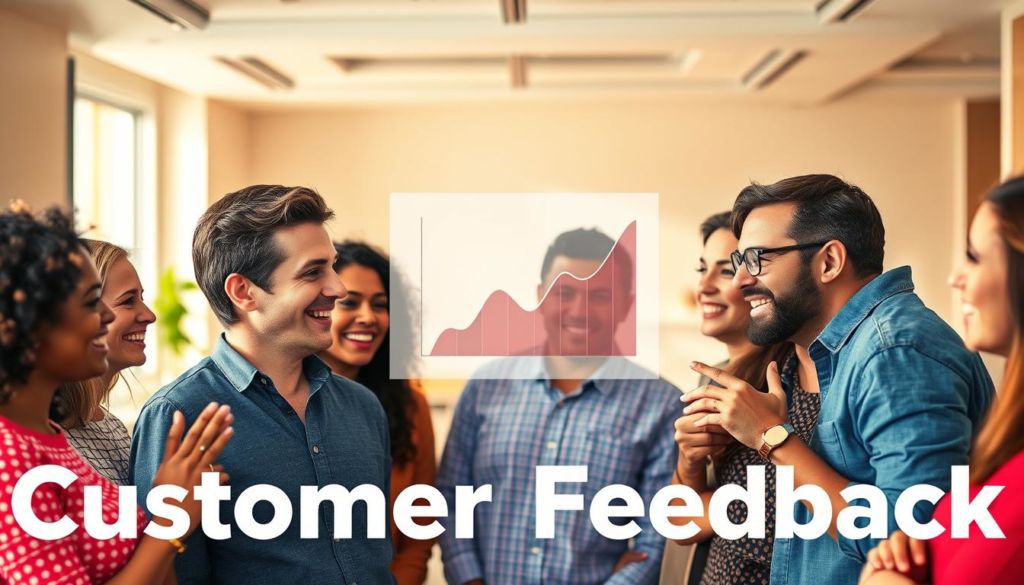 A vibrant and engaging scene depicting the importance of customer feedback. In the foreground, a group of diverse individuals enthusiastically sharing their thoughts and experiences, their expressions conveying a sense of genuine engagement. In the middle ground, a stylized graph or data visualization, representing the valuable insights gleaned from this feedback. The background features a warm, inviting atmosphere, with a modern, minimalist office setting or a collaborative workspace, suggesting the collaborative nature of this process. The lighting is soft and natural, creating a sense of openness and inclusivity. The overall mood is one of collaboration, empowerment, and the recognition of the vital role customer feedback plays in driving business success.